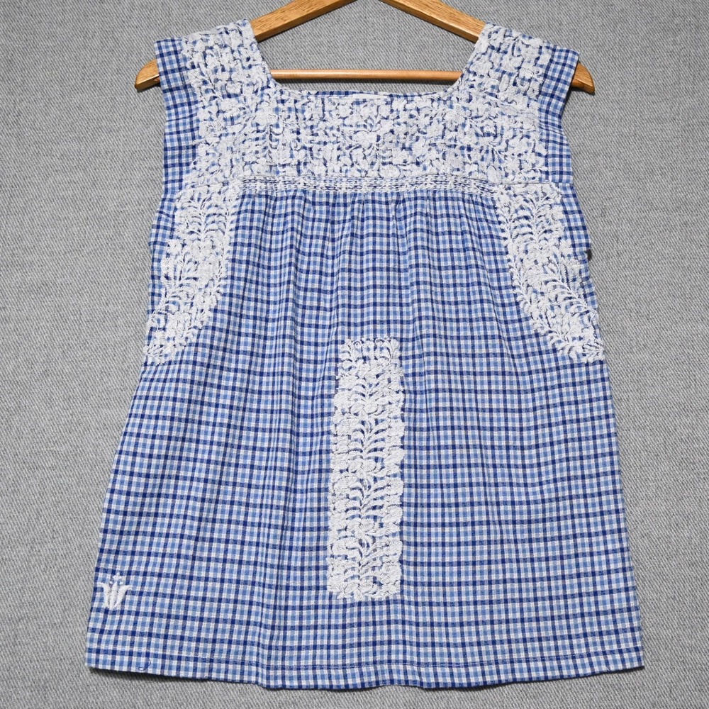 J.Marie Sleeveless Top Womens Gingham Floral Embroidered XS Blue White